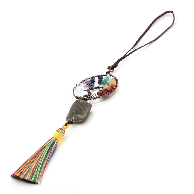 新品碎石绕线生命树圆形挂件 水晶石流苏车挂编织发财树汽车车饰