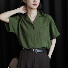 深绿色简约气质复古设计感条纹格子短袖衬衫女2024年夏季新款上衣