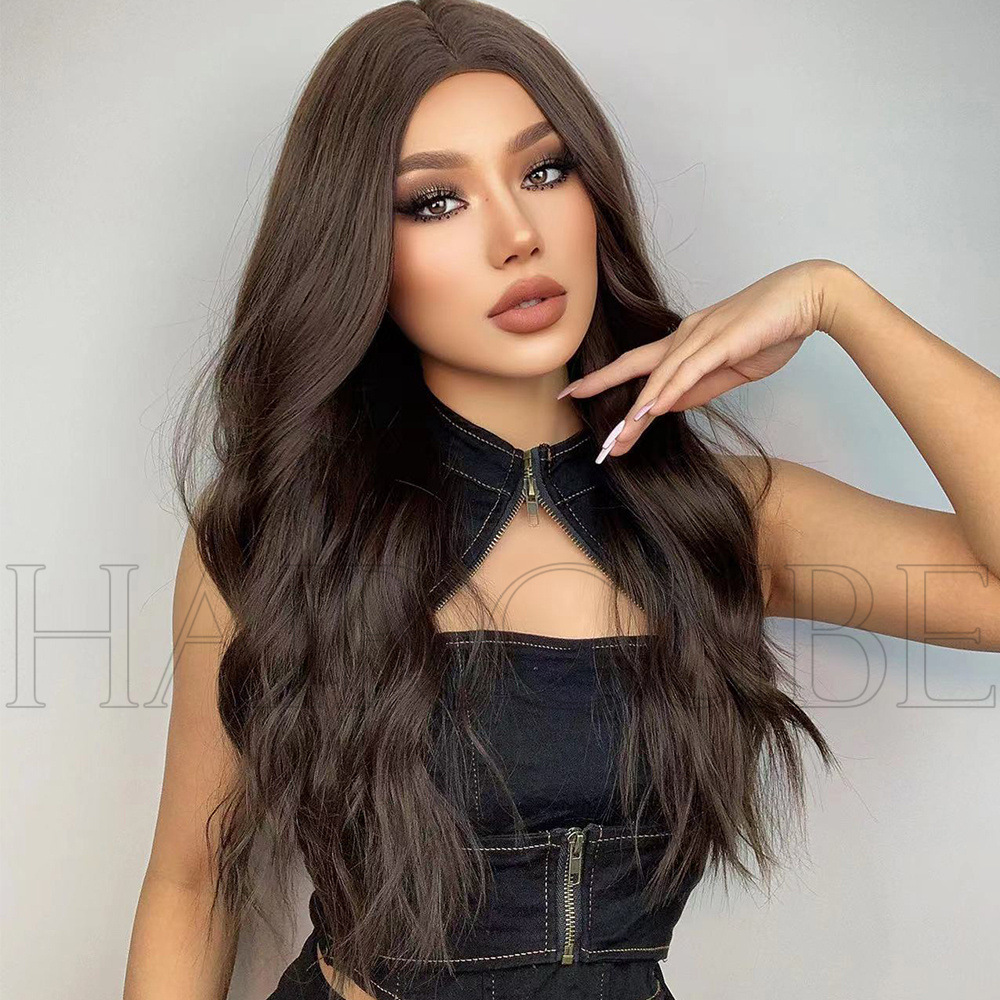 欧美外贸女士黑棕色中分长卷发假发 wigs高温化纤丝厂家直批