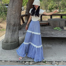 韩国chic夏季新品甜美格子拼接花边后松紧高腰显瘦百搭半身裙长裙