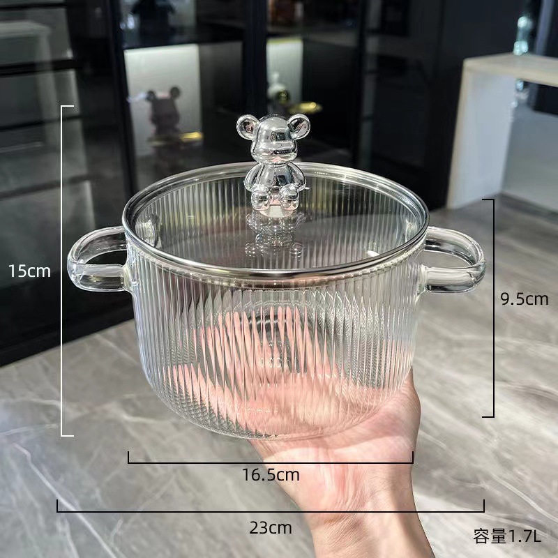 Transparent Vertical Pattern High Boron Glass Soup Pot Binaural Bear Glass Pot Open Fire Heating Large Capacity Glass Milk Pot