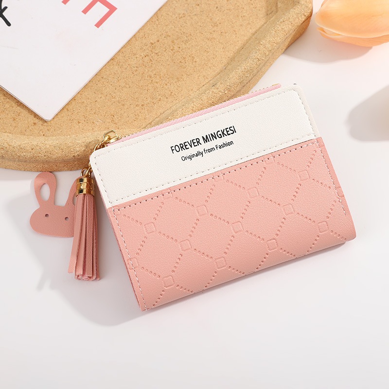 New Small Wallet Women's Short Zipper Wallet Student Korean Style Embossed Contrast Color Tassel Wild Coin Purse Card Holder