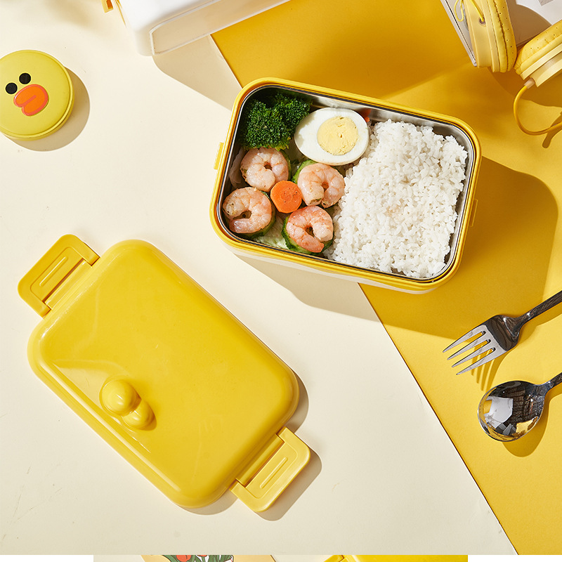 Yellow Chicken Stainless Steel Insulated Lunch Box Student Office Worker Picnic Box Sealed with Lid Double Layer Lunch Box 0652-9