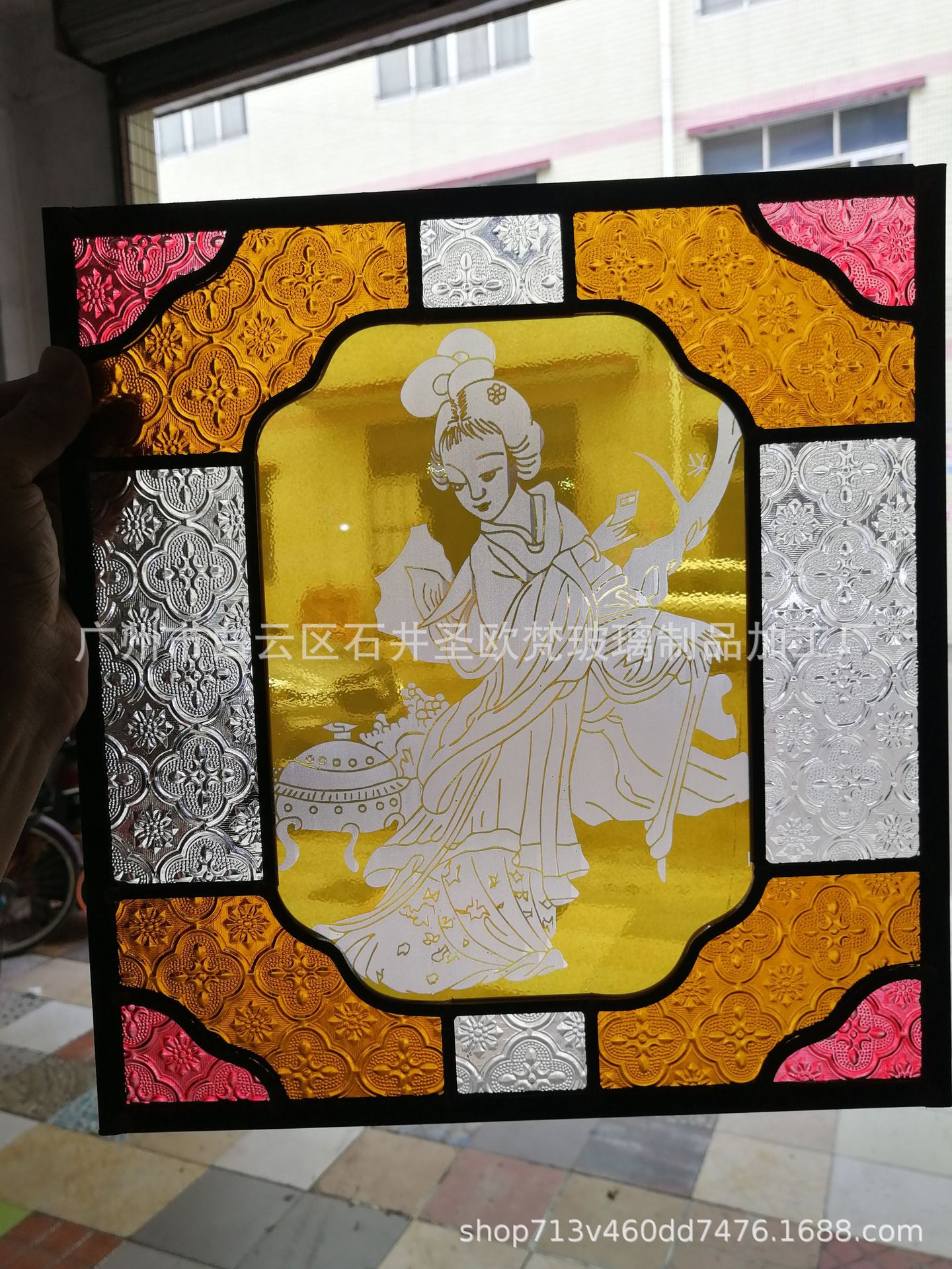 骑楼满洲窗玻璃西洋玻璃艺术海棠花工艺玻璃复古竹林岭南风玻璃