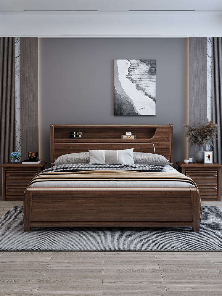 胡桃木实木床1.8米主卧现代简约2米x2.2米双人床中式高箱储物大床