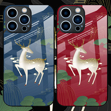 小鹿适用华为P60手机壳新款苹果15ProMax玻璃壳高级网红麋鹿黑红