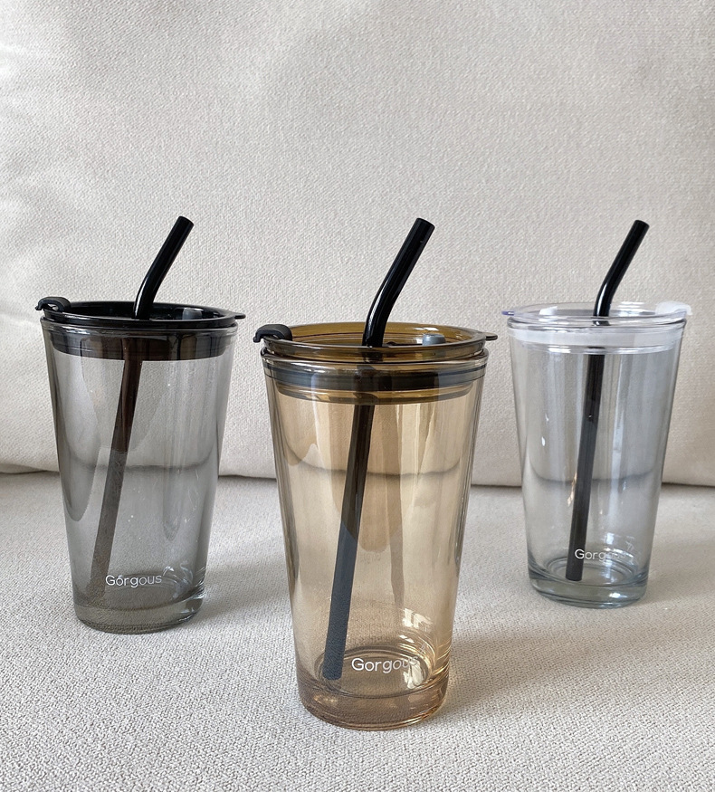 ins风大容量吸管玻璃杯家用学生便携网红男女情侣高颜值喝水杯子