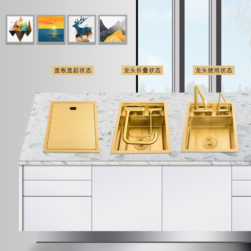 Golden Invisible Small Water Channel Single Sink Hidden Middle Island Counter Bar Sink 304 Stainless Steel Kitchen Vegetable Basin