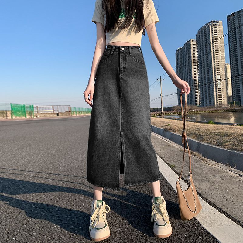 High Waist Slit Denim Skirt for Women 2023 New Summer A- line Skirt Package Hip Skirt Small Pear-Shaped Dress