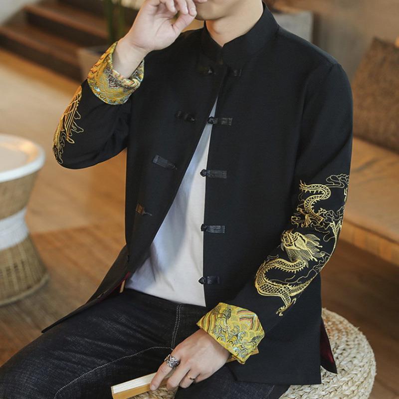 春秋中国风男装唐装汉服中山装龙刺绣潮牌复古风中式男青年演出服