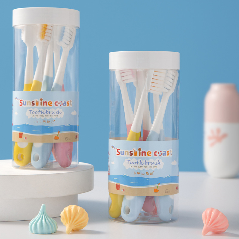 Yangzhou Calf Adventures Children's Toothbrush Wholesale Square Hole Dense Hair Soft-Bristle Toothbrush 3-12 Years Old Barrel 6 PCs