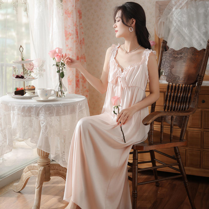 仿真丝吊带睡裙女夏宫廷风公主甜美性感长款睡衣冰丝外穿家居服春