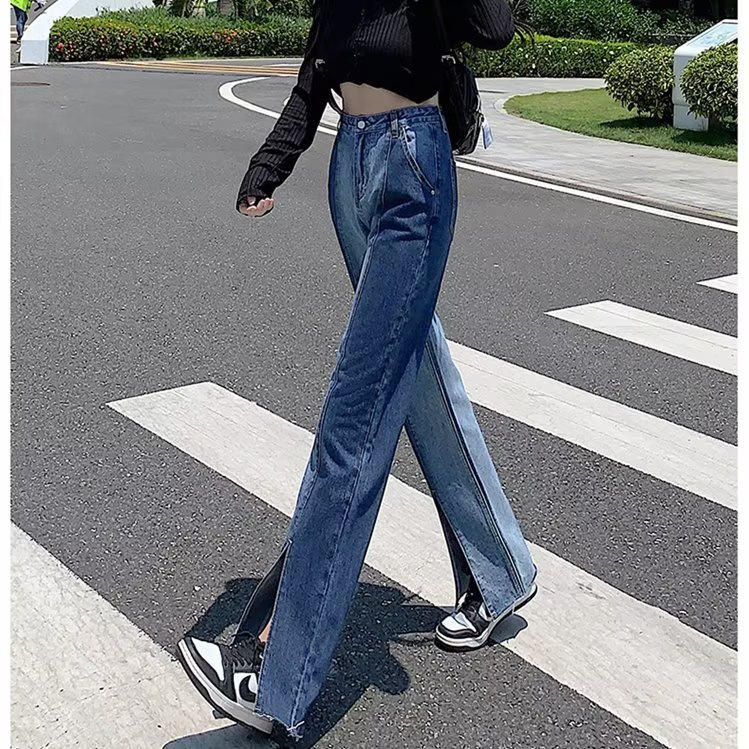 Jeans Loose Wide Leg Draping Effect Women's New Straight High Waist Slimming Slit Blue Personality Mop Pants Fashion