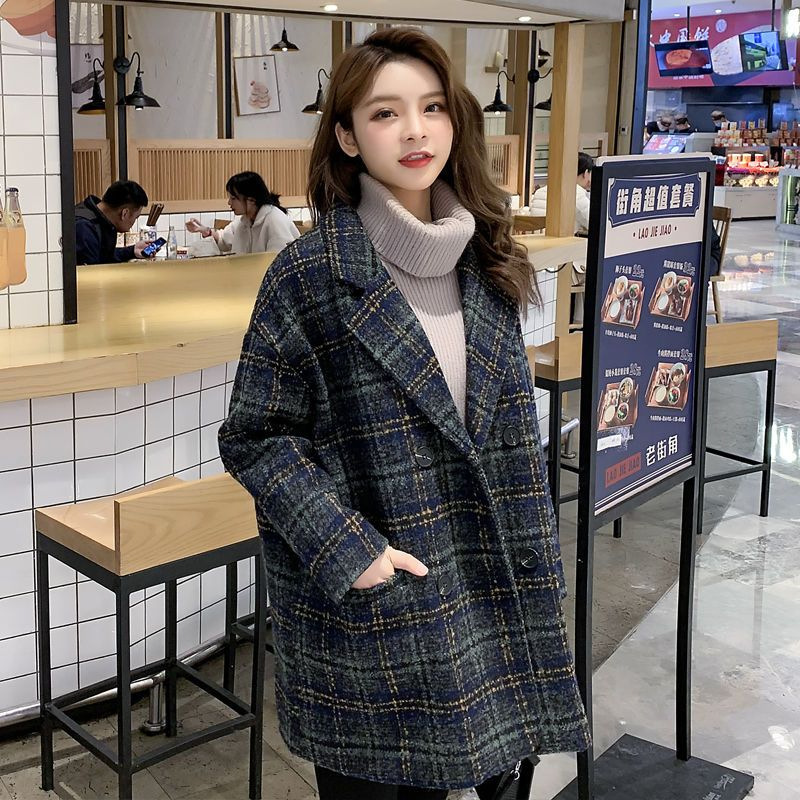 仿毛呢大衣格子外套女中长款西装领秋冬新款流行宽松呢子大衣女装