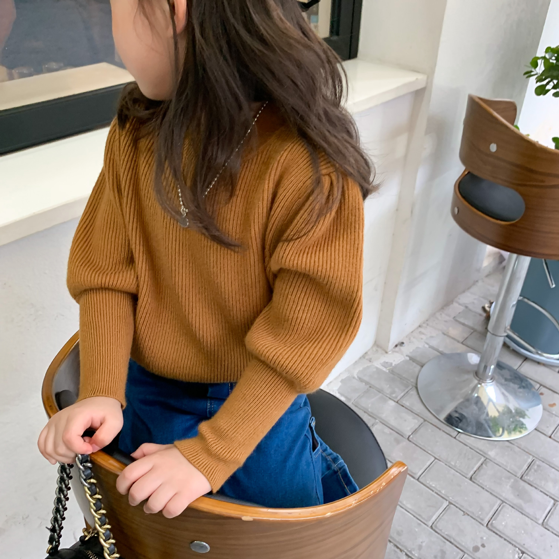 2021秋季新款童装一件代发 女童泡泡袖纯色毛衣 宝宝韩版套头毛衣