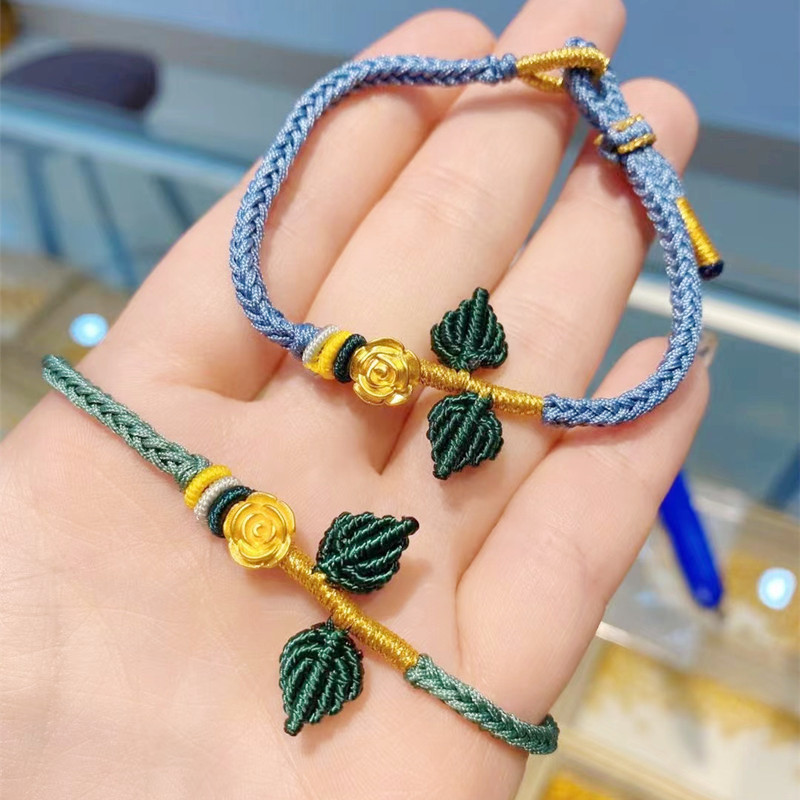 足金999手链3d硬金玫瑰花编织手绳黄金转运金珠七夕情人节礼物