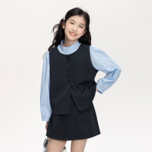女童学院风套装2025秋装新款儿童拼接假两件衬衫休闲半身裙两件套