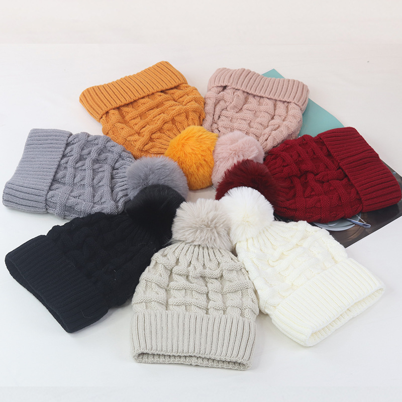 Hat Fur Ball Thickened Coarse Yarn Knitted Hat Warm Earflaps Cap Student Fleece-Lined Hat Children Autumn and Winter in Stock Wholesale