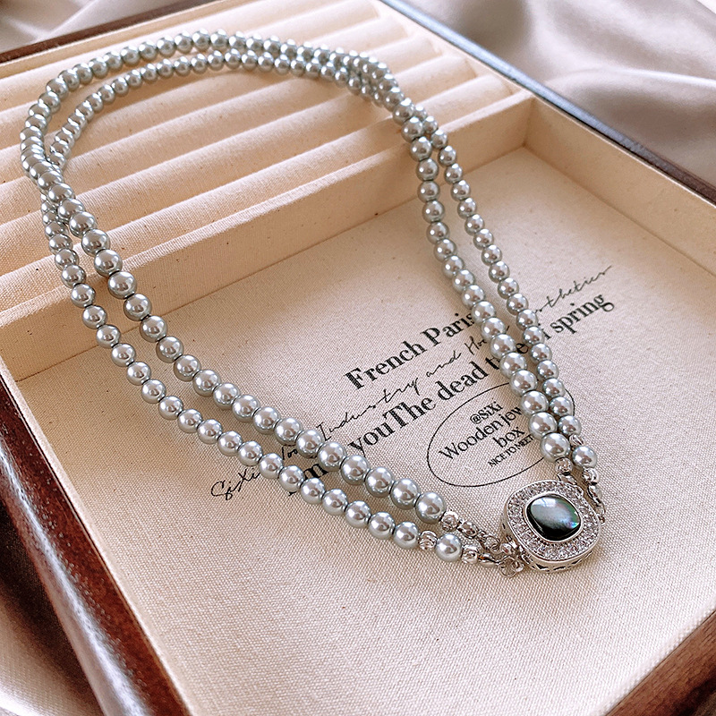 French Style Retro Diamonds Geometric Double-Layer Pearl Necklace Personality All-Match Clavicle Chain Fashion High Sense Necklace Wholesale