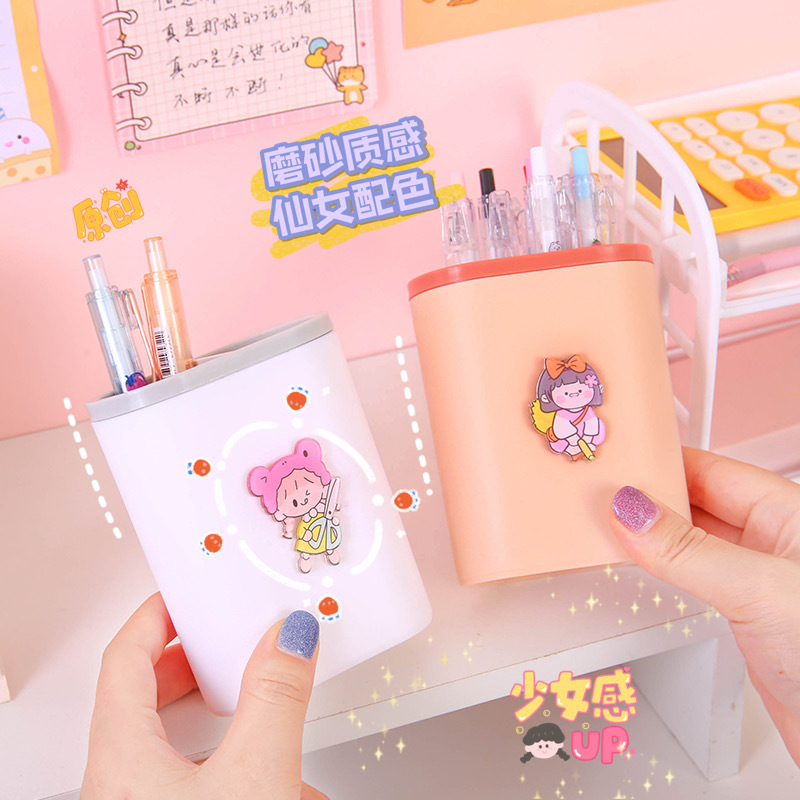 Color Matching Grid Cartoon Pen Holder Student Cute Stationery Finishing Storage Bucket Creative Makeup Brush Storage Box