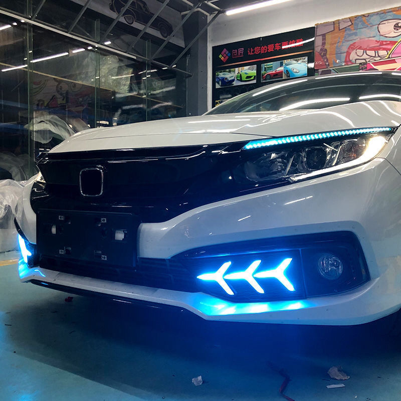 适用本田十代思域16-20款鱼骨日行灯三色流光日行灯雾灯led前后杠