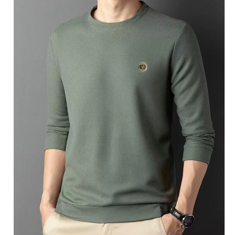 Long Sleeve Waffle T-shirt Men's 2023 Autumn New Young and Middle-Aged Men's round Neck Base Fashion Thin Sweater T-shirt