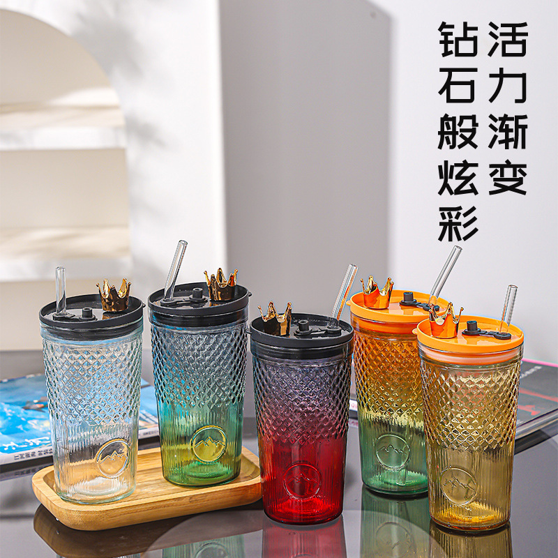 Internet Celebrity Colorful Crown Large Capacity Clear Glass Straw Glass Cup Advertising Cup Gift Cup