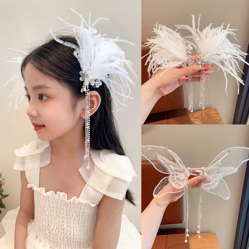Fairy Butterfly Feather Tassel Hair Accessories Ancient Style Han Chinese Clothing Barrettes Children Crystal Performance Mori Style Princess Birthday Headdress