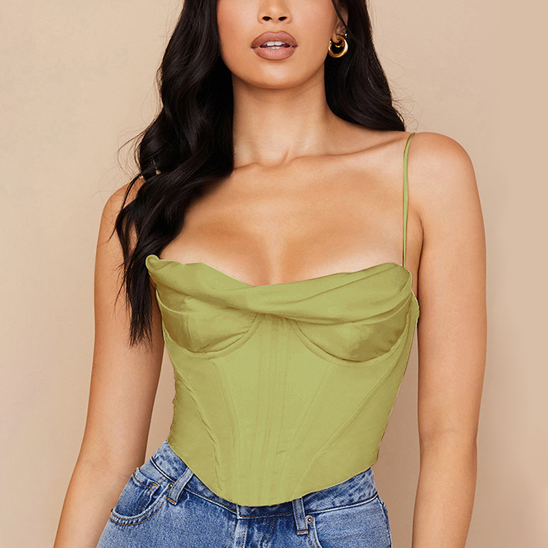 Sexy Satin Fishbone Pleated Halter Top