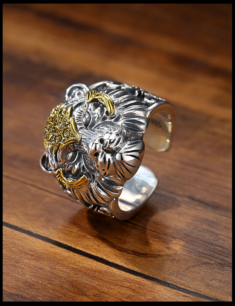奢遇复古 925银虎头戒指男老虎男士潮活口可调节嘻哈个性大号霸气