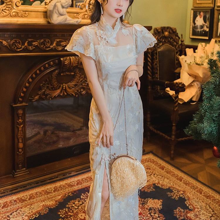 2021新款中式复古民国风重工绣花长旗袍气质小洋装时尚礼服连衣裙
