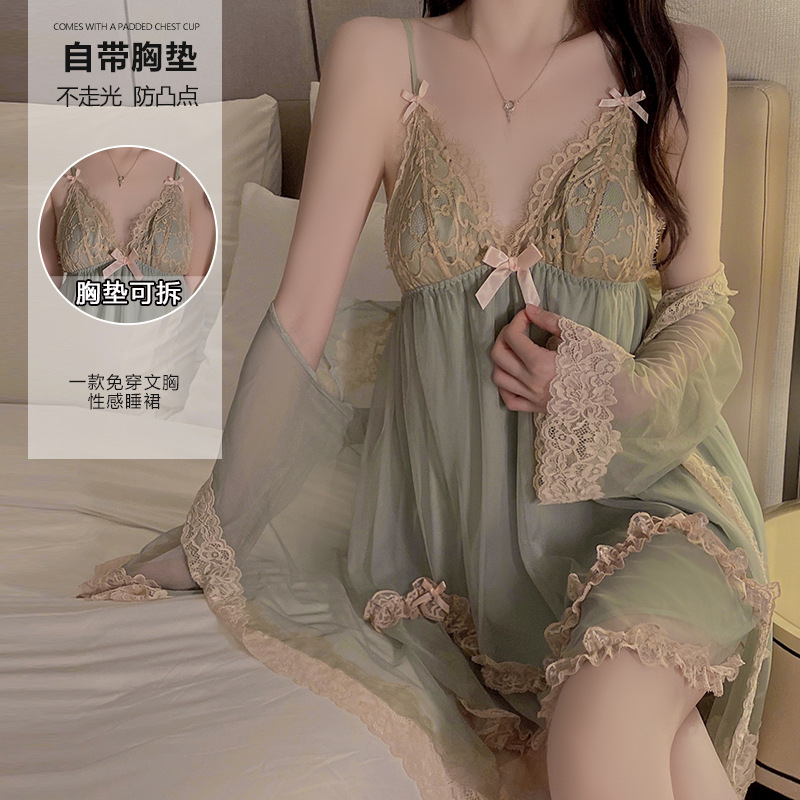 Ruoruo Sexy Underwear Pure Desire Mesh Pajamas with Chest Pad Push up Nightdress Outerwear Gown Women's Homewear Suit P3772