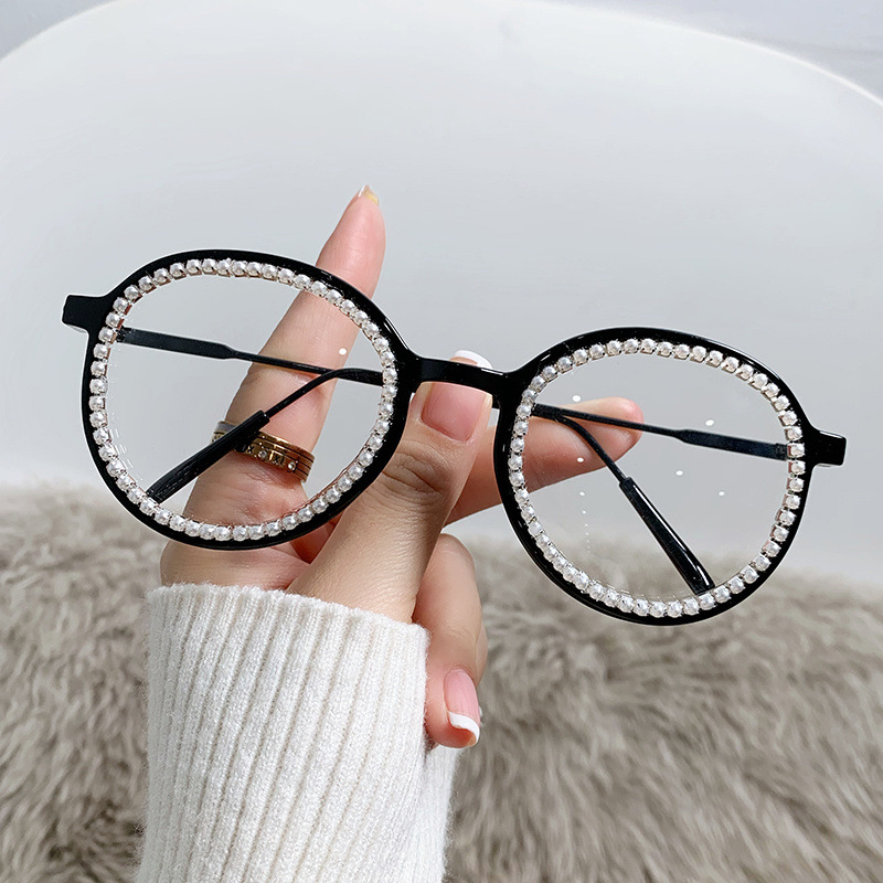 Full Diamond round Frame Plain Glasses Fashion High Sense Instafamous Glasses Frame Anti-Blue Light Personality Diamond Retro Glasses Frame