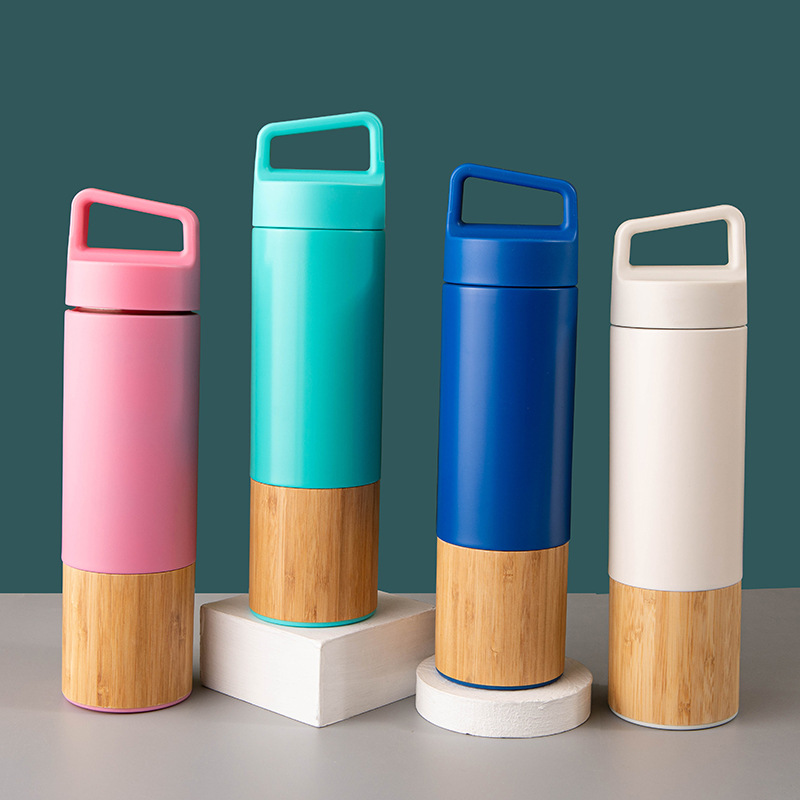 Graphic Customization Bamboo Shell Spray Plastic Vacuum Cup Stainless Steel Coffee Cup Office Tumbler Portable Handle Travel Cup