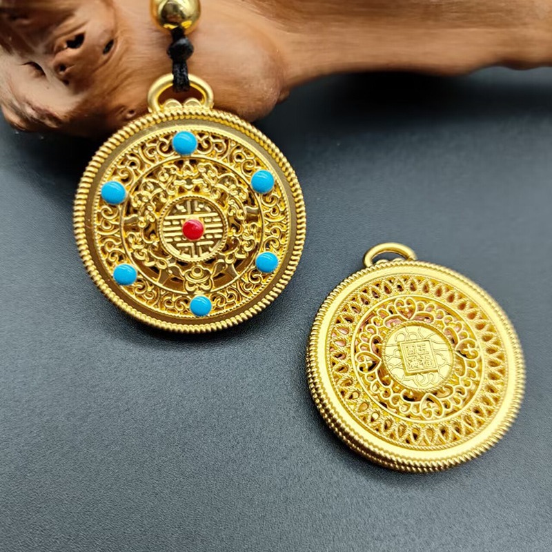 国潮金店同款沙金复古镂空五福圆满项链黄铜镀金女款吊坠货源批发