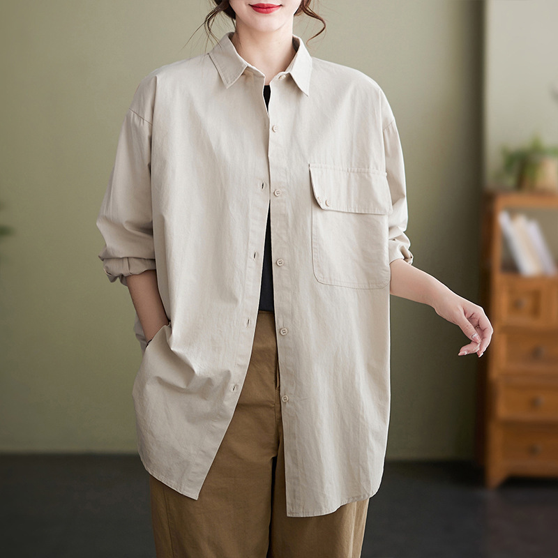 实拍棉布衬衫女休闲翻领百搭宽松显瘦文艺气质纯色韩版衬衣外套