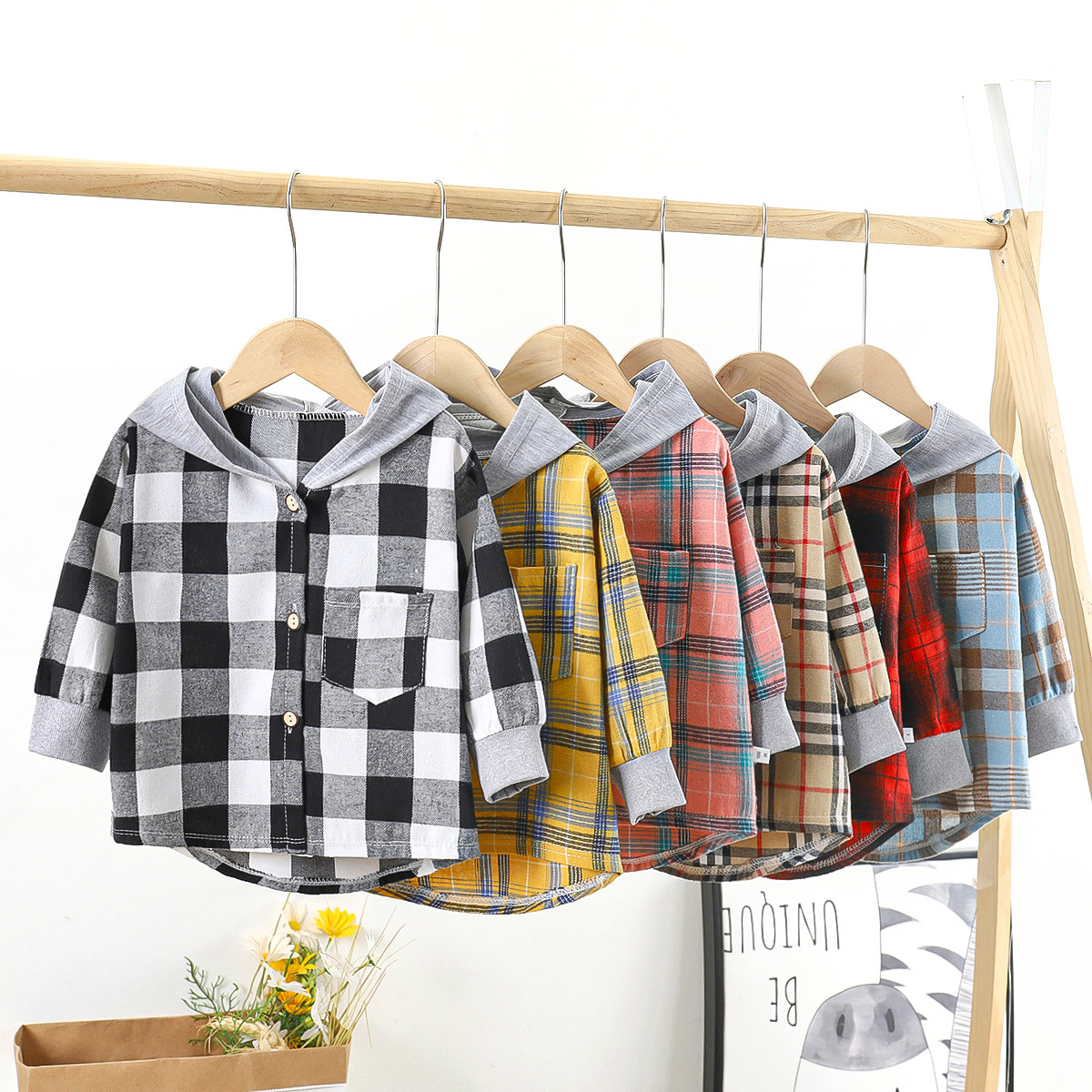 Children's Spring Autumn Blouse Children's Clothing Boy Hooded Plaid Shirt Baby Girl Long Sleeve Plaid Bottoming Outer