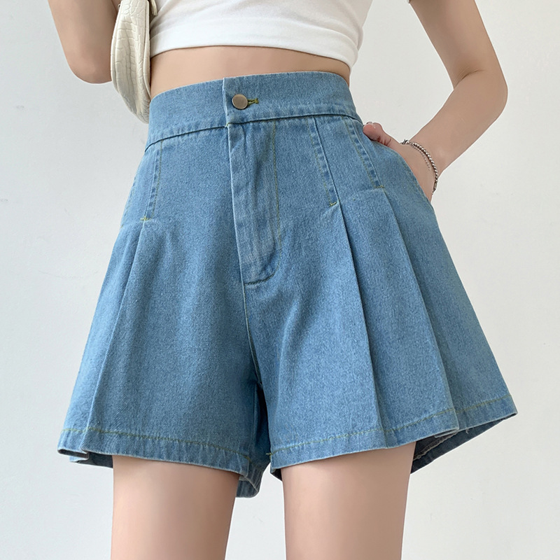 Women's plus Size 100.00kg Denim Washed Shorts Summer A- line Wide Leg Wide Elastic High Waist Hot Pants for Female Students