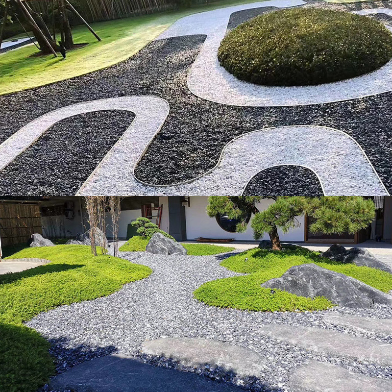 枯山水石子景观白色砾石日式庭院黑色造景装饰天然铺路灰色小石头