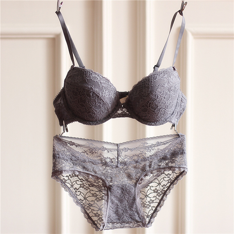 欧美女文胸罩薄款性感蕾丝刺绣上托简约舒适内衣套装小胸透气春夏