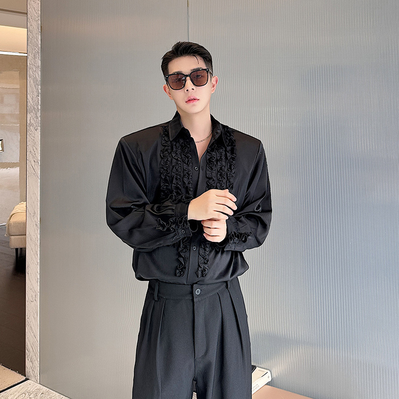 春季新款时尚个性长袖衬衫男小众设计感宫廷风荷叶边休闲衬衣潮牌