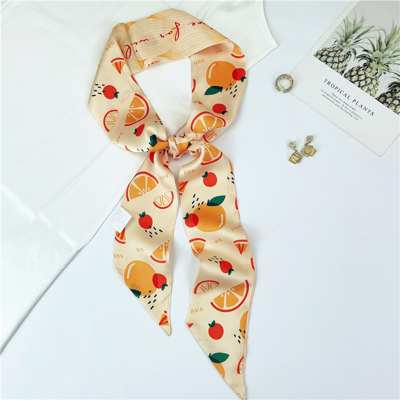 Japanese and Korean Sweet Orange Printed Cartoon Fruit Small Silk Scarf Women's Fashion Decorative Warm Scarf Summer Hair Band Women