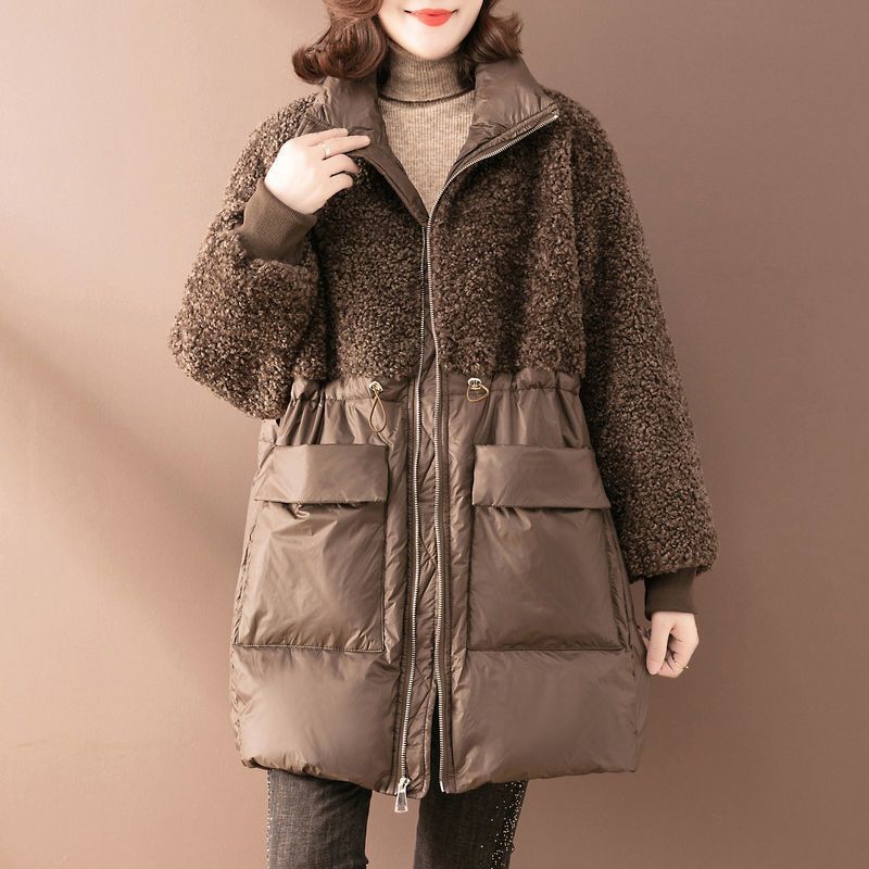 棉衣女中长款冬季时尚拼接羊羔毛棉服宽松大码女装保暖棉袄外套潮