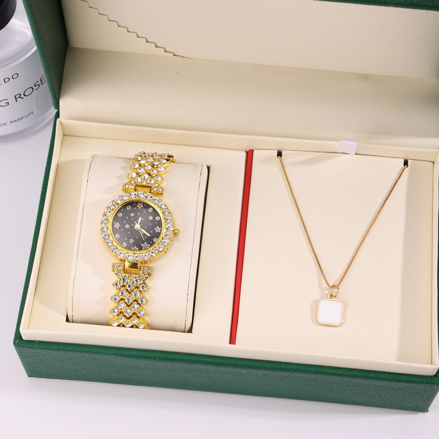 新款女士机械表满钻石英手表套装多圈图案表盘方形项链满天星套装