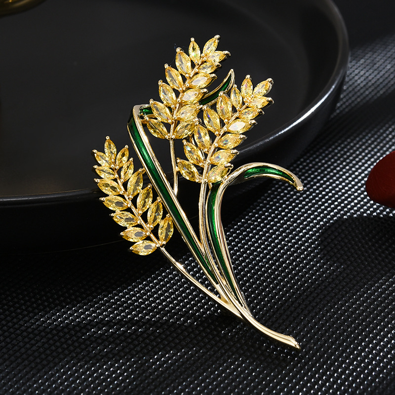 新款韩版黄色三头稻穗胸针高档奢华金色铜锆石胸花大衣配饰批发