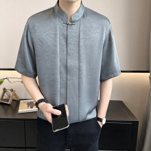 新中式男装立领免烫垂感压花短袖衬衫高级感痞帅冰丝衬衣韩系上衣