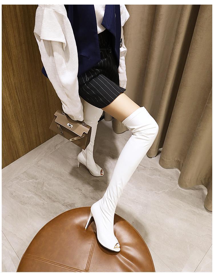 鱼嘴漆皮过膝长靴性感靴子女夏夜店超高跟长筒靴钢管舞高跟鞋大码