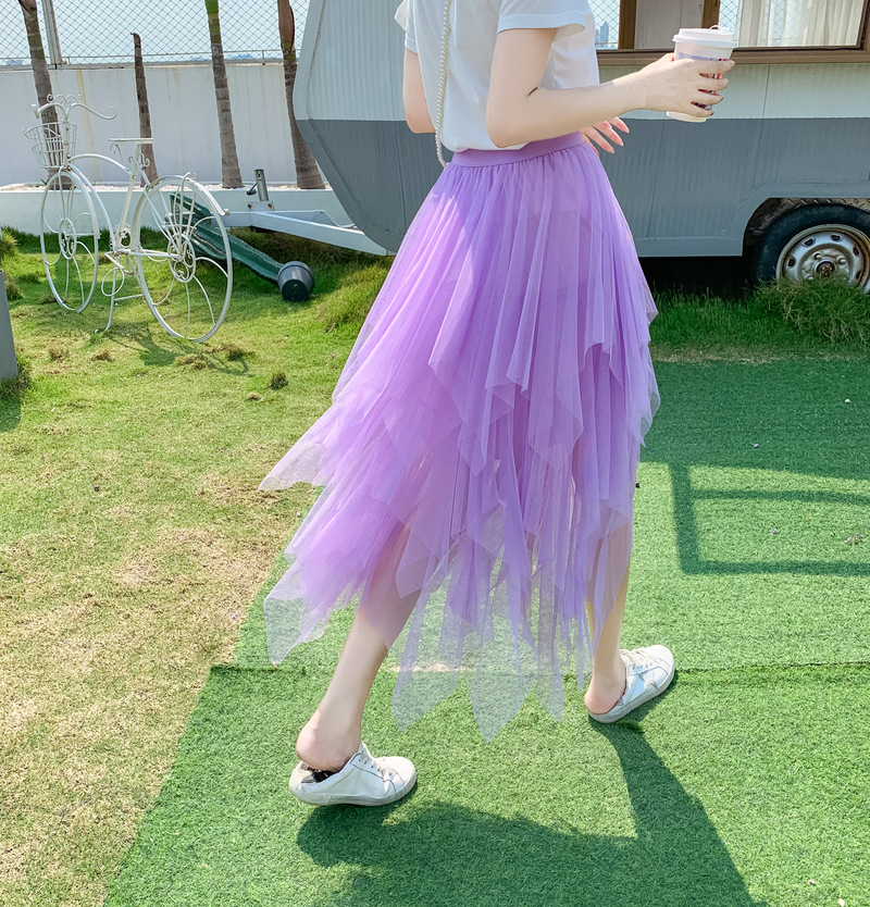 夏新款甜美小清新网纱半身裙女高腰显瘦蛋糕裙不规则纱裙a字中裙