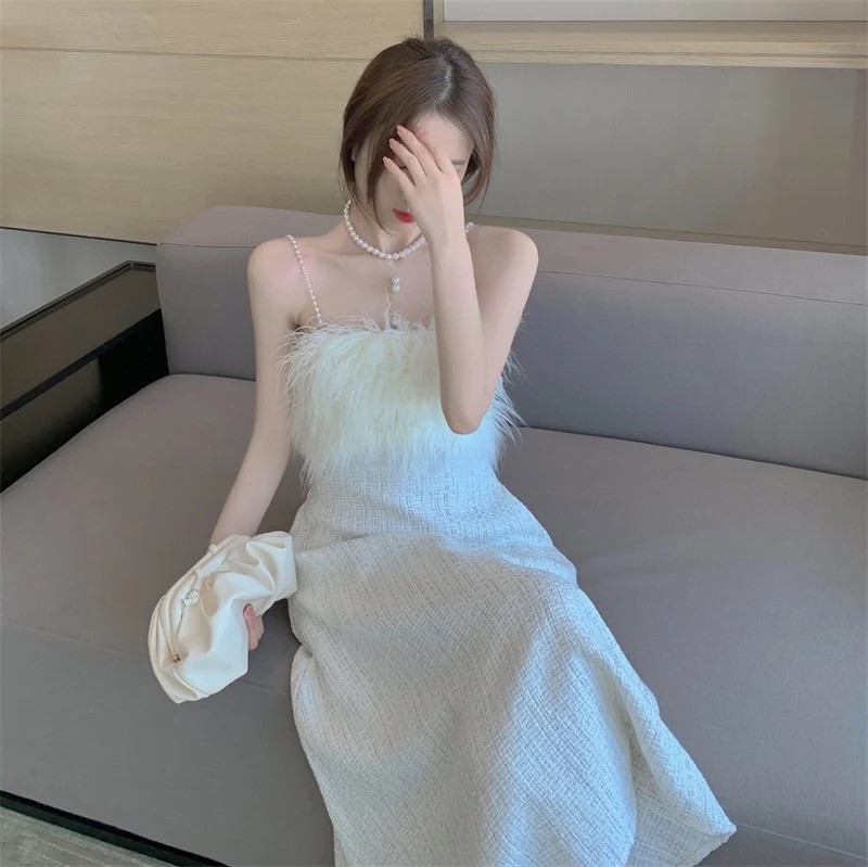 气质名媛收腰抹胸一字肩白色连衣裙女秋冬季内搭珍珠吊带中长裙子