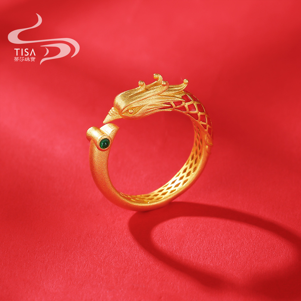 古法金凤凰戒指 925纯银镀k金指环手饰 中国宫廷风开口凤凰戒指女